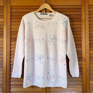 Vintage Debbie Morgan Sweater Women's Size Small Embroidered Pearls Ribbon Knit